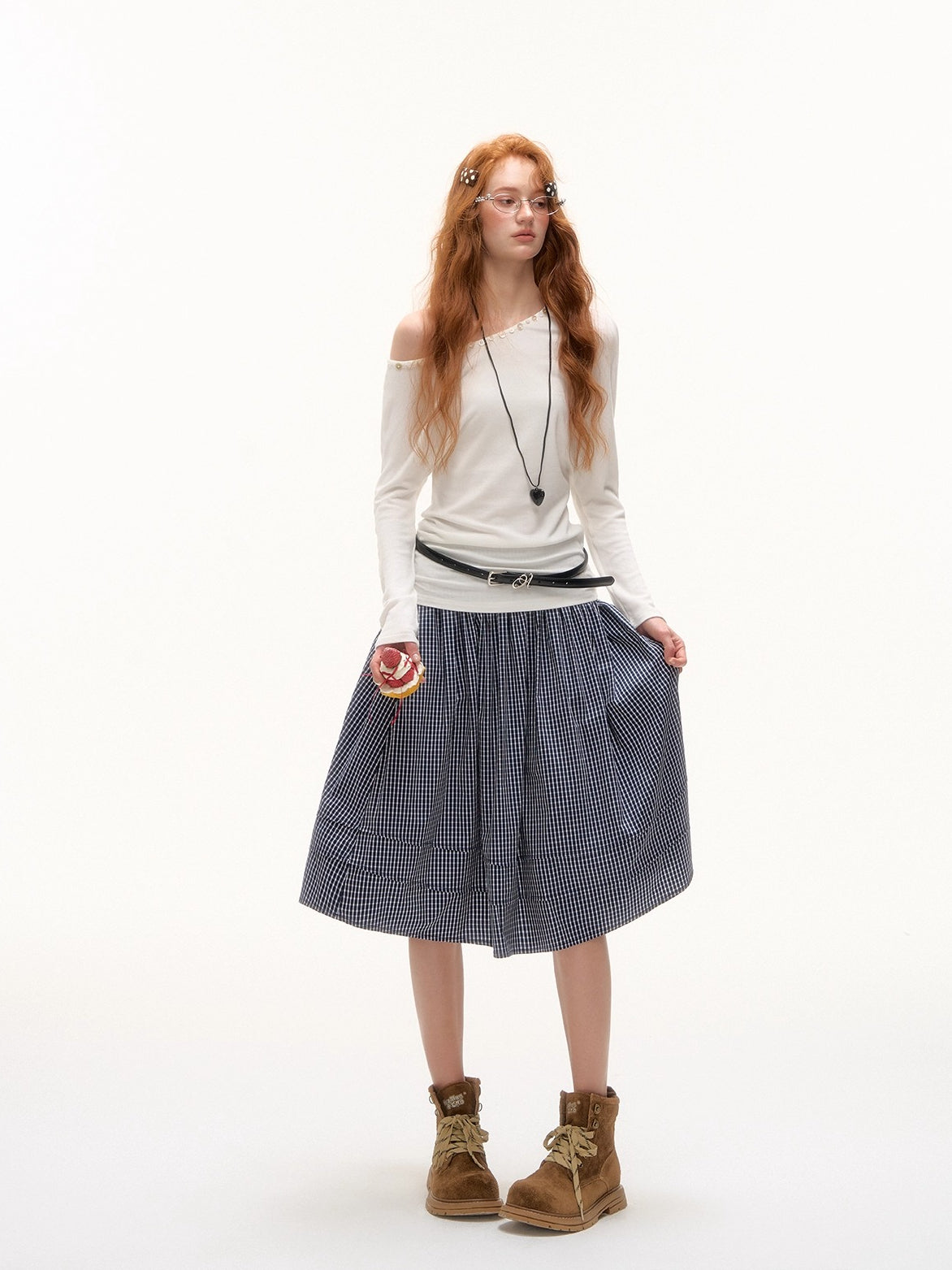 Off-Shoulder Pearl-Button Long-Sleeve T-Shirt