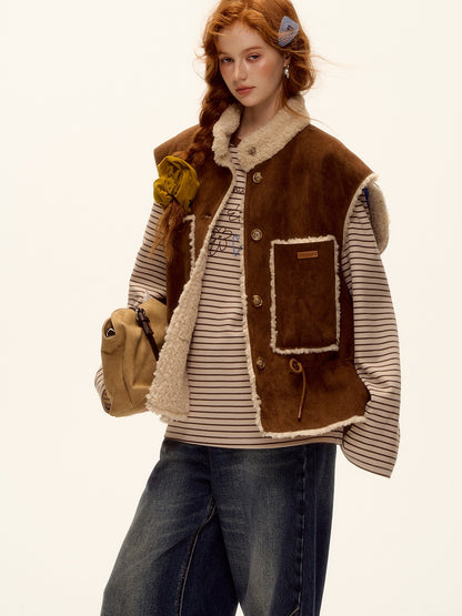 Reversible Suede Drawstring Shearling Vest