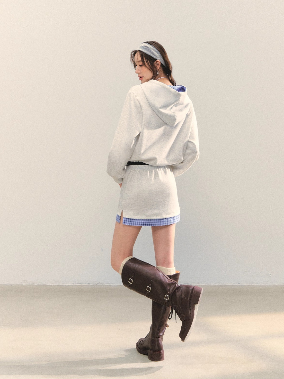 Gray Floral Checkered Patchwork Hoodie Dress