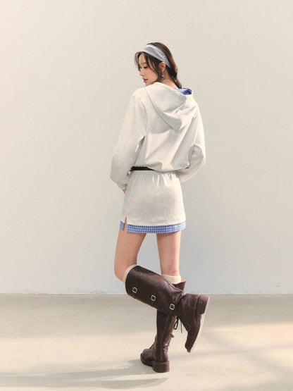 Gray Floral Checkered Patchwork Hoodie Dress