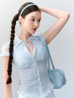 Blue & Brown Ruffle Tie Blouse
