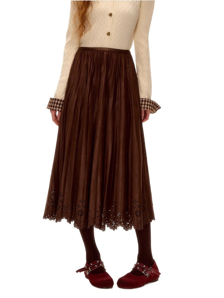 Eyelet Hem Suede Long Skirt