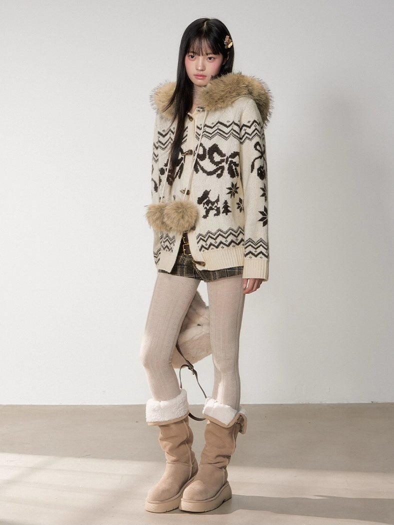 Fair Isle Fur Collar Toggle Knit Coat