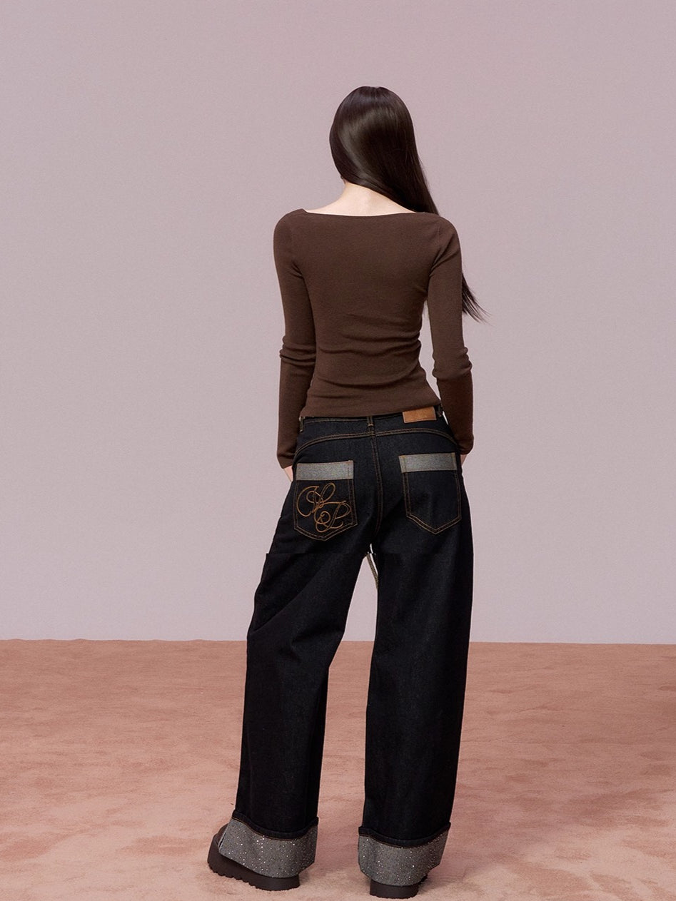 Rhinestone Cuffed Wide-Leg Denim Jeans