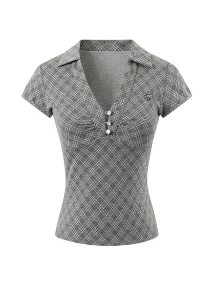 Pleated Checkered Polo V-Neck T-shirt