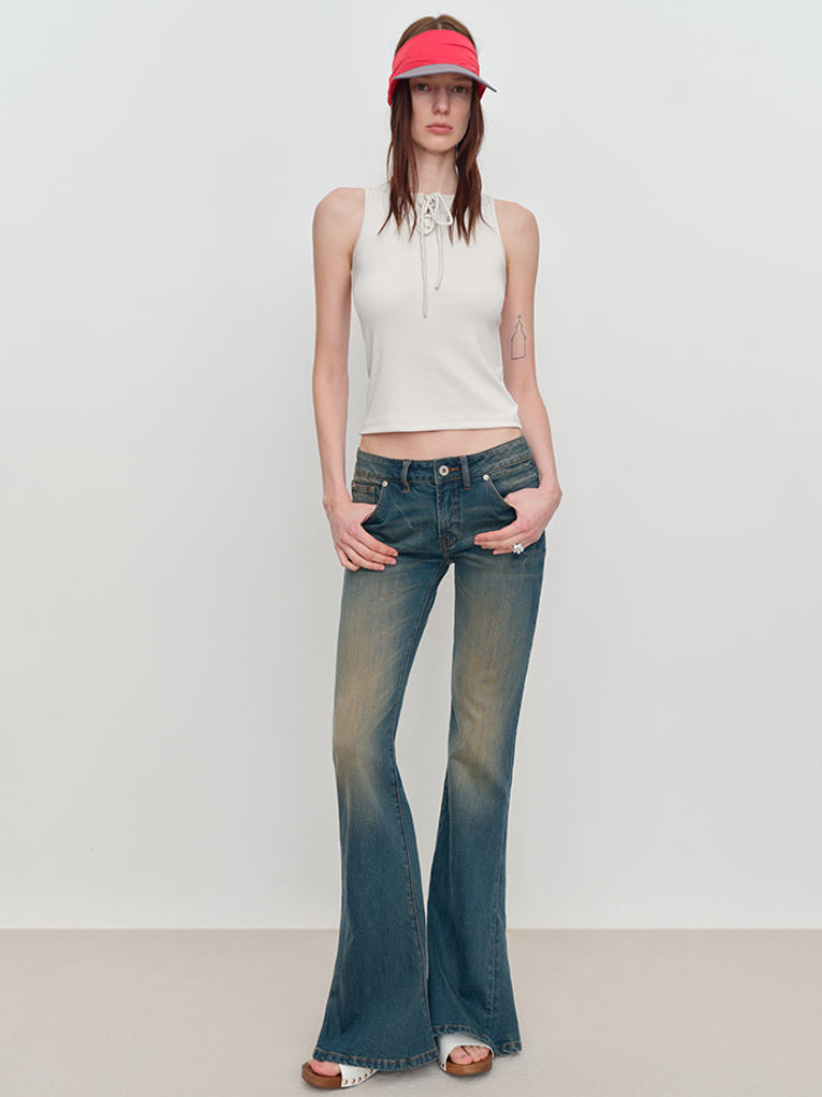 Washed Blue Mid-Low Rise Denim Bootcut Pants