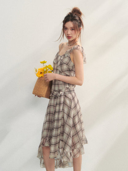 Checkered Print Asymmetrical Slip Dress