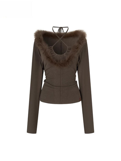 Fox-Trim Halter Knit Top