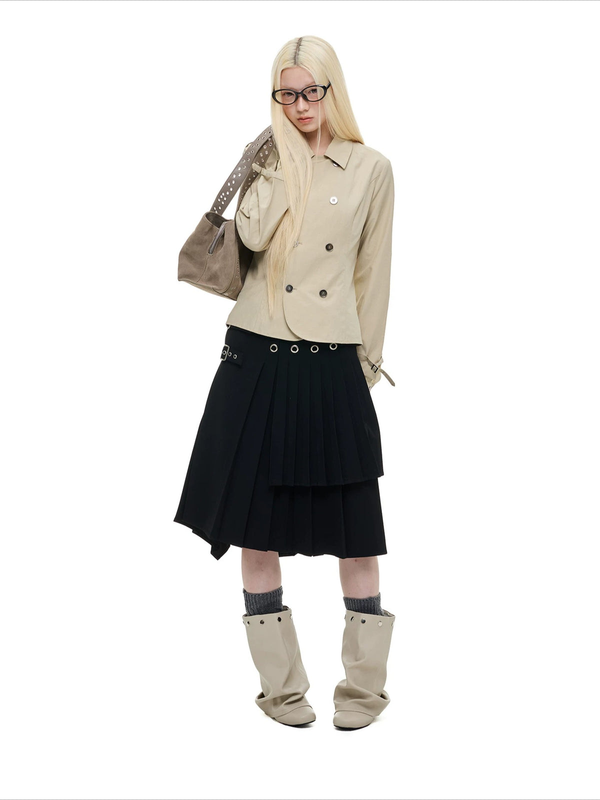 Khaki &amp; Gray Double-Breasted Cropped Shirt