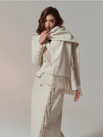 Wool-Blend Hourglass Fringe-Scarf Double-Breasted Long Coat