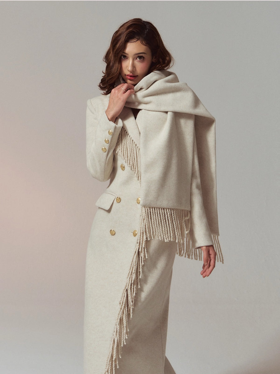 Wool-Blend Hourglass Fringe-Scarf Double-Breasted Long Coat
