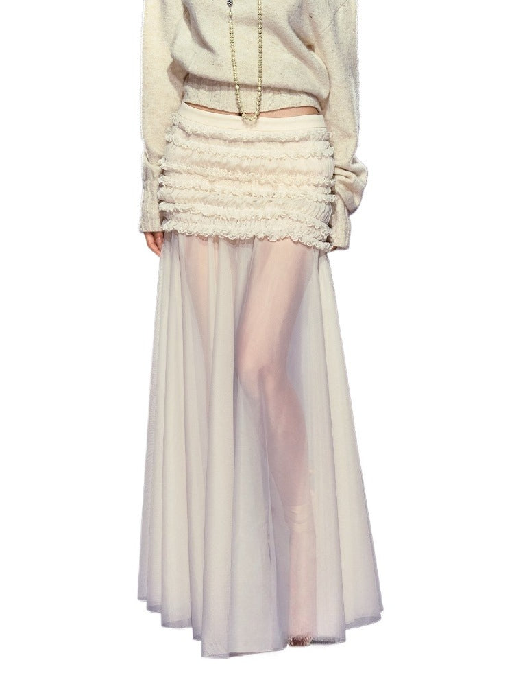 Pleated Mesh Maxi Skirt