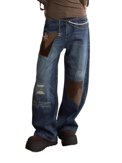 Patchwork Contrast Straight-Leg Jeans