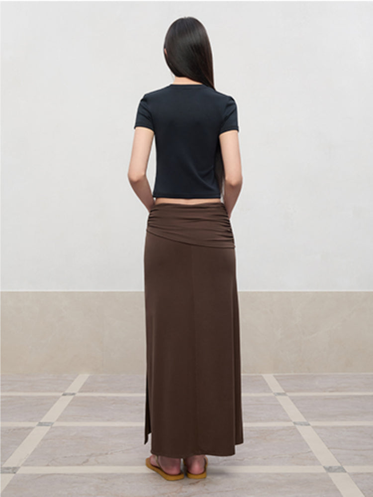 Lyocell Pleated Mid-Low Waist Midi Skirt