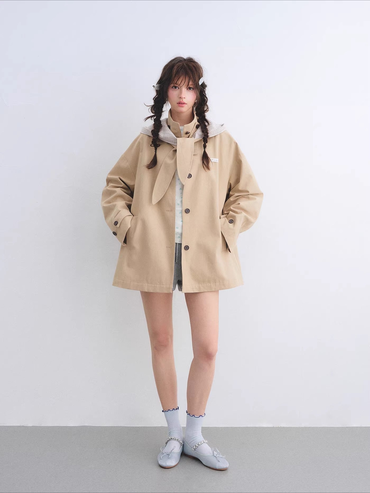 Detachable Ear Plaid Trench