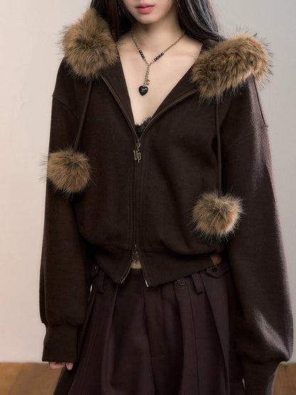 Furry Pom-Pom Hooded Sweatshirt