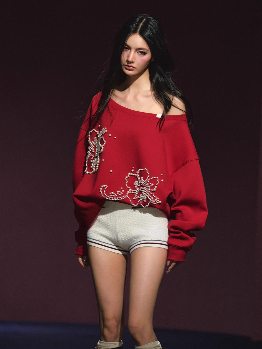 Beaded Off-shoulder Silhouette Sweatshirt