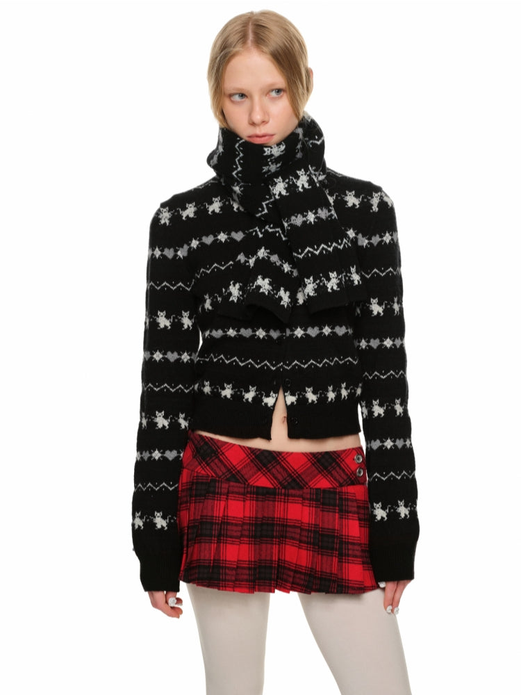 Cat Jacquard Slim-Fit Knit Cardigan &amp; Scarf