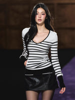 Striped V-Neck Epaulet Long-Sleeve Tee