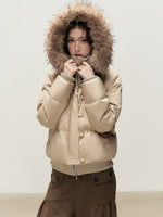 Faux Layered Fur-Trim Hooded Down Jacket