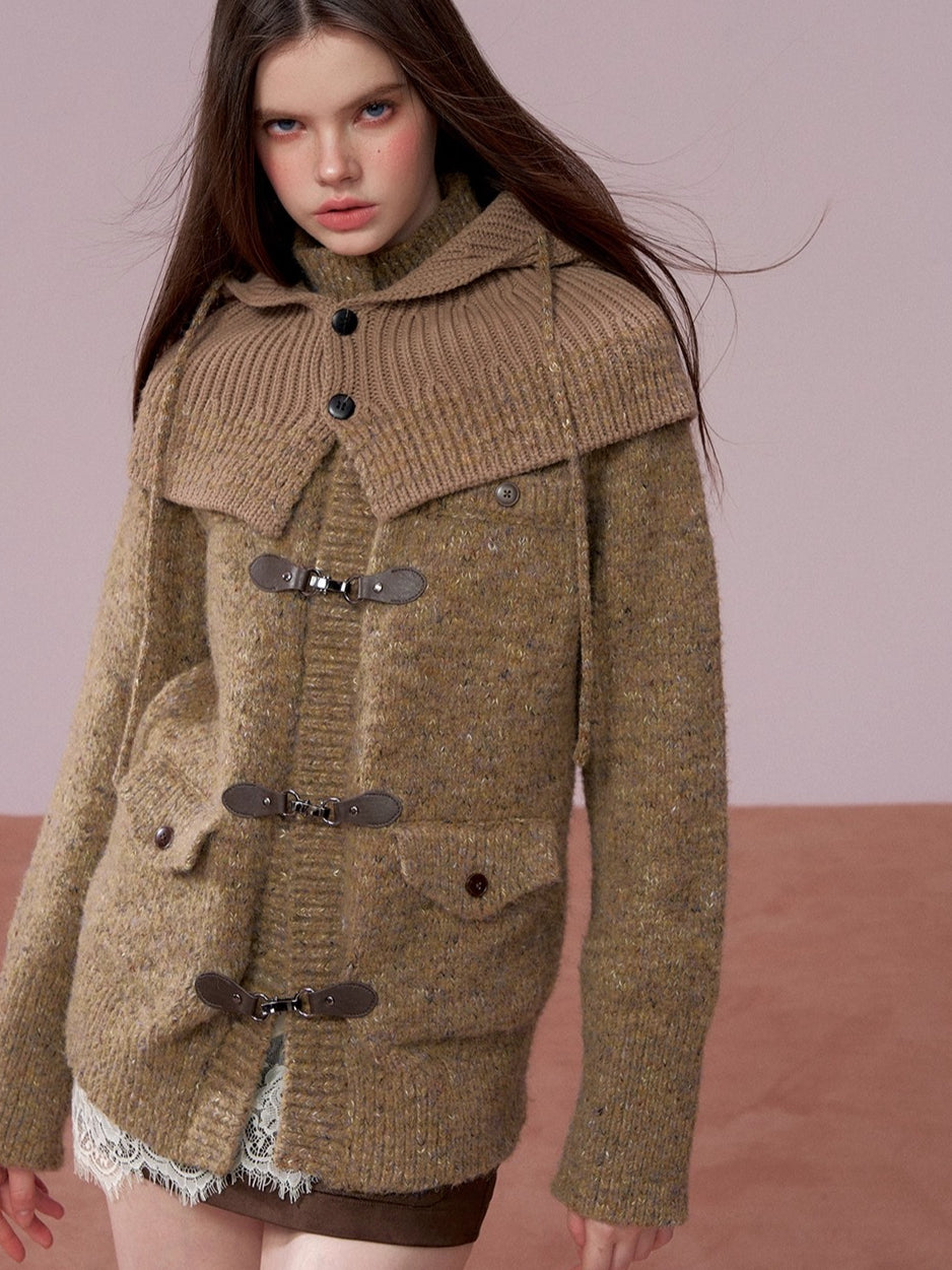 Brown Leather Buckle Cardigan &amp; Hooded Cape Set
