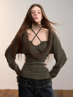 Fox-Trim Halter Knit Top