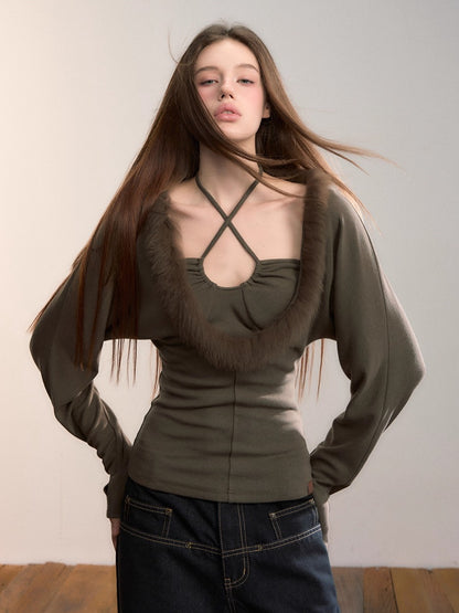 Fox-Trim Halter Knit Top