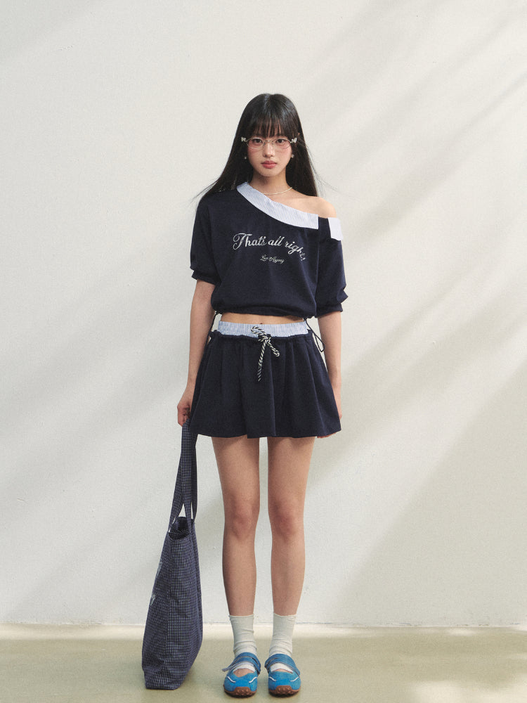 Grey Asymmetric Shoulder Striped Patchwork Short-Sleeve &amp; Skirt Set