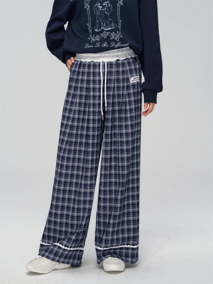 Navy Lace-Trim Plaid Pants
