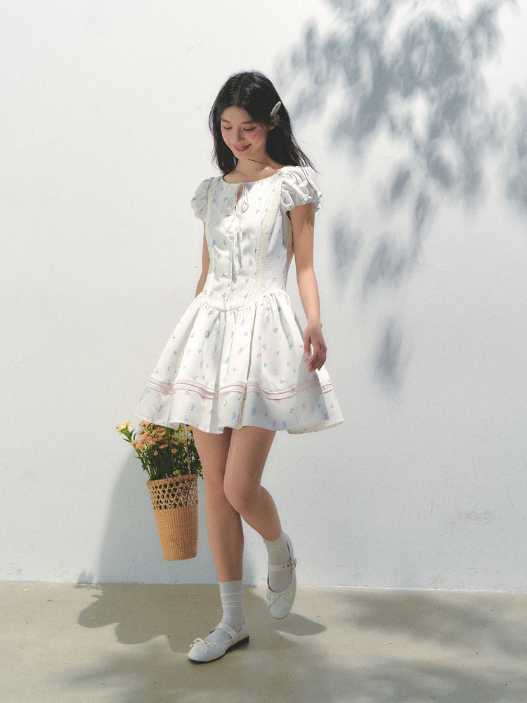 Puff Sleeve Printed Waist - cinching Dress