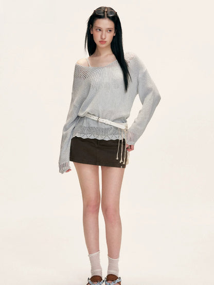 Brown Contrast Waist Denim Skirt