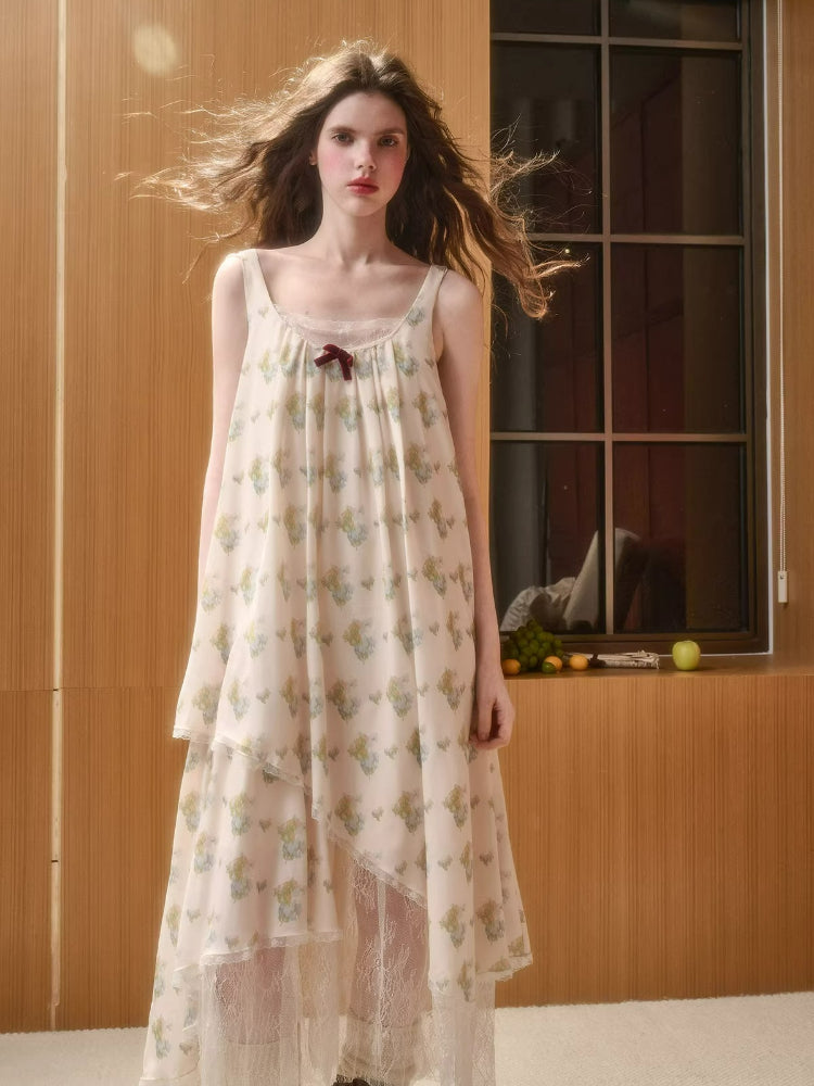 Faux-Layer Lace Trim Chiffon Slip Dress