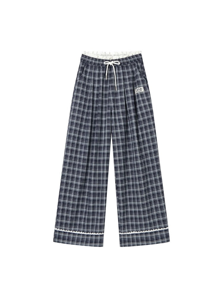 Navy Lace-Trim Plaid Pants