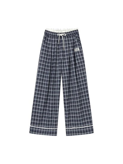 Navy Lace-Trim Plaid Pants