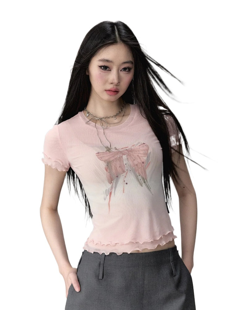 Pink & Black Bow Print Round Neck Short Sleeve