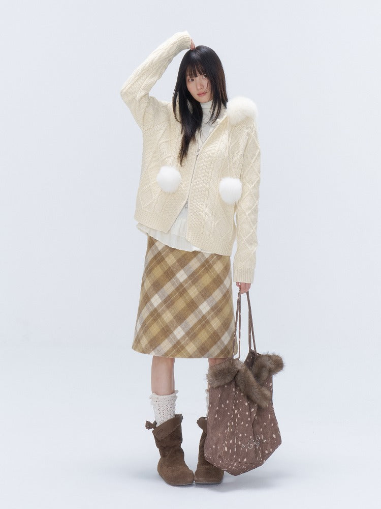 Yellow Plaid Wool-Blend A-Line Skirt