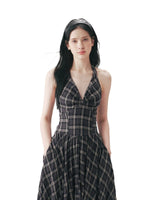 Vintage Plaid Halter Backless Midi Dress