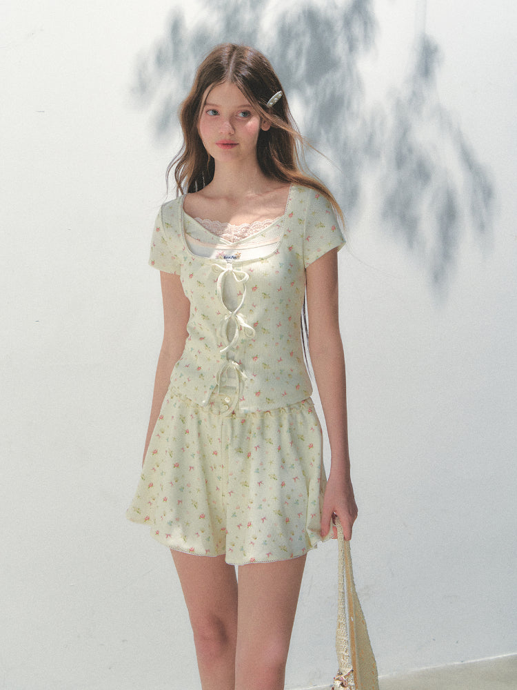 Sea Salt Flavor Printed Short-Sleeve Tie T-shirt &amp; Skirt Set
