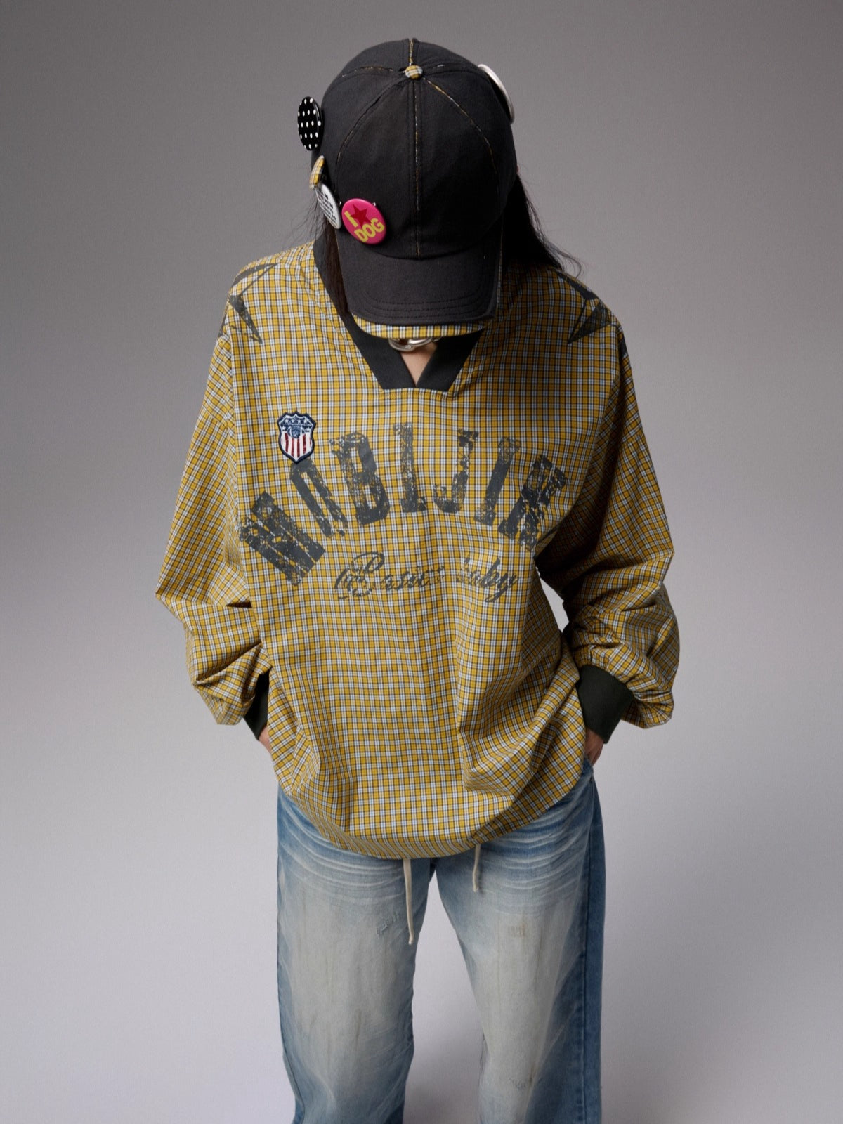 Vintage Plaid V-neck Loose Jersey