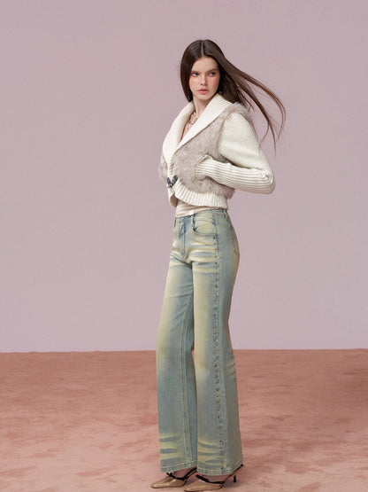 Faux Fur Panel Knitted Short Jacket