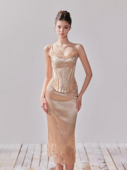 Lace Satin Boned Embroidered Cami &amp; Skirt Set