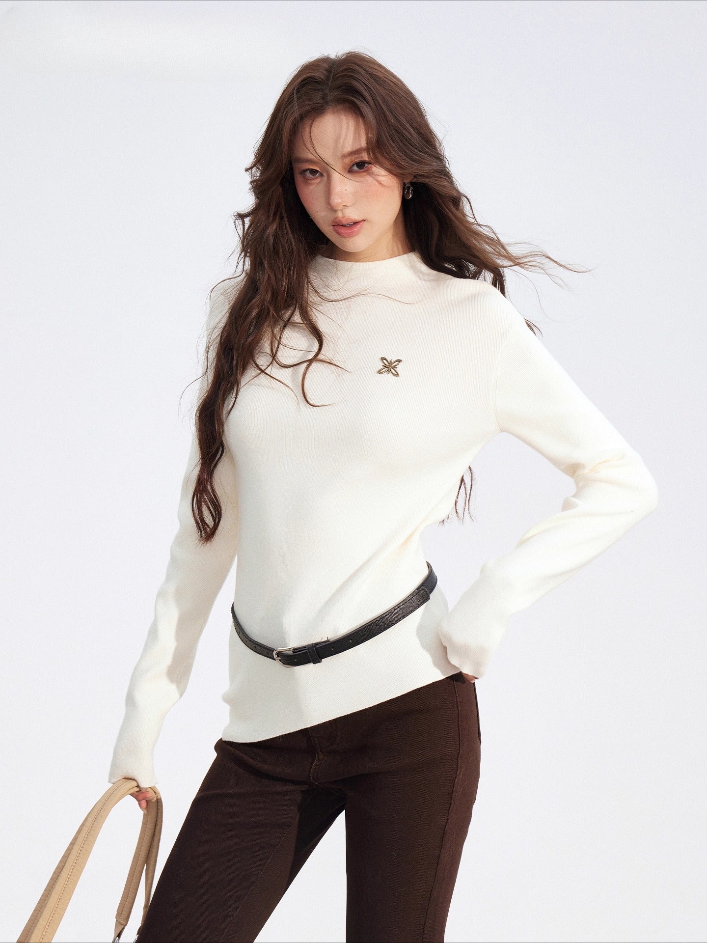 Irregular High-Neck Stretch Knit Top