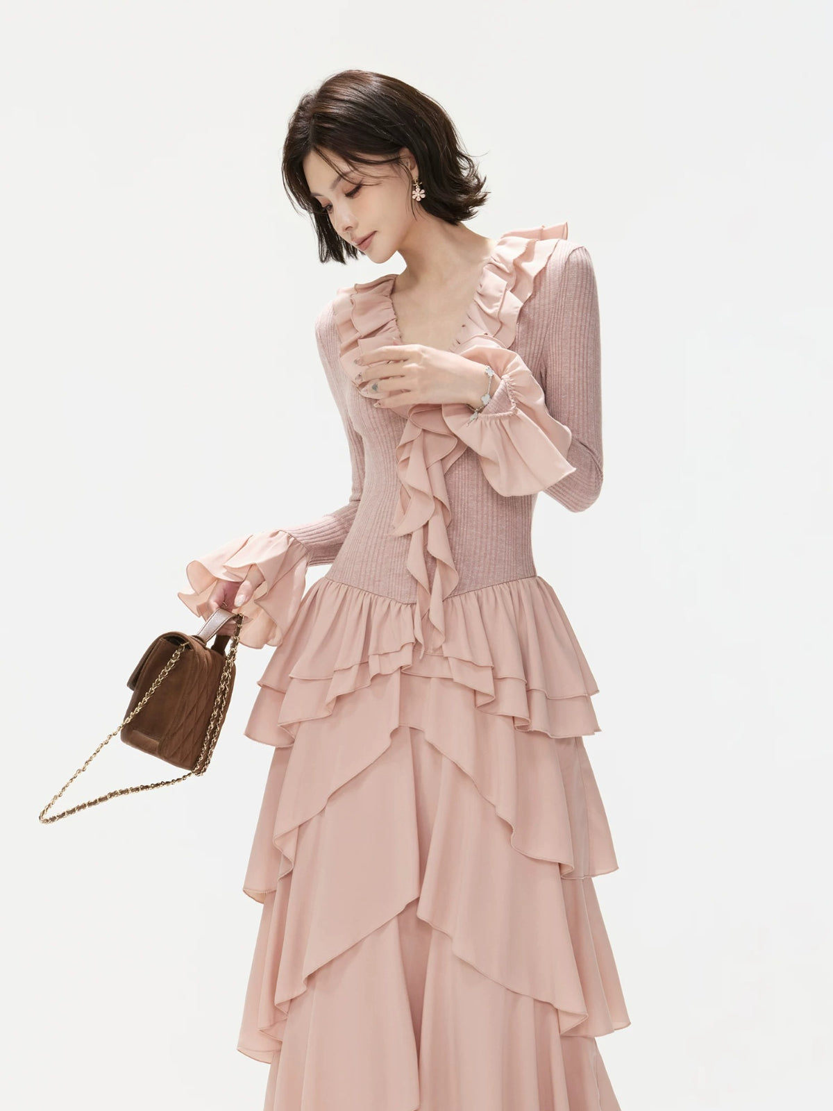 Ruffled Knit Chiffon Tiered Maxi Dress