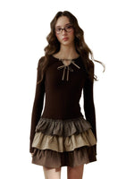 Brown & White Knit Plaid Tiered Dress
