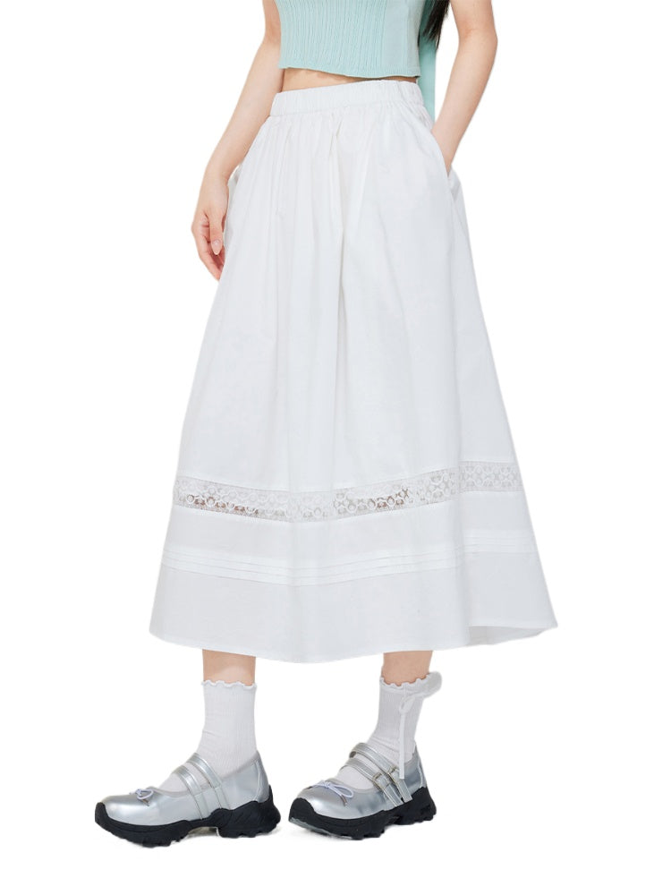 White Lace Splicing A-Line Skirt