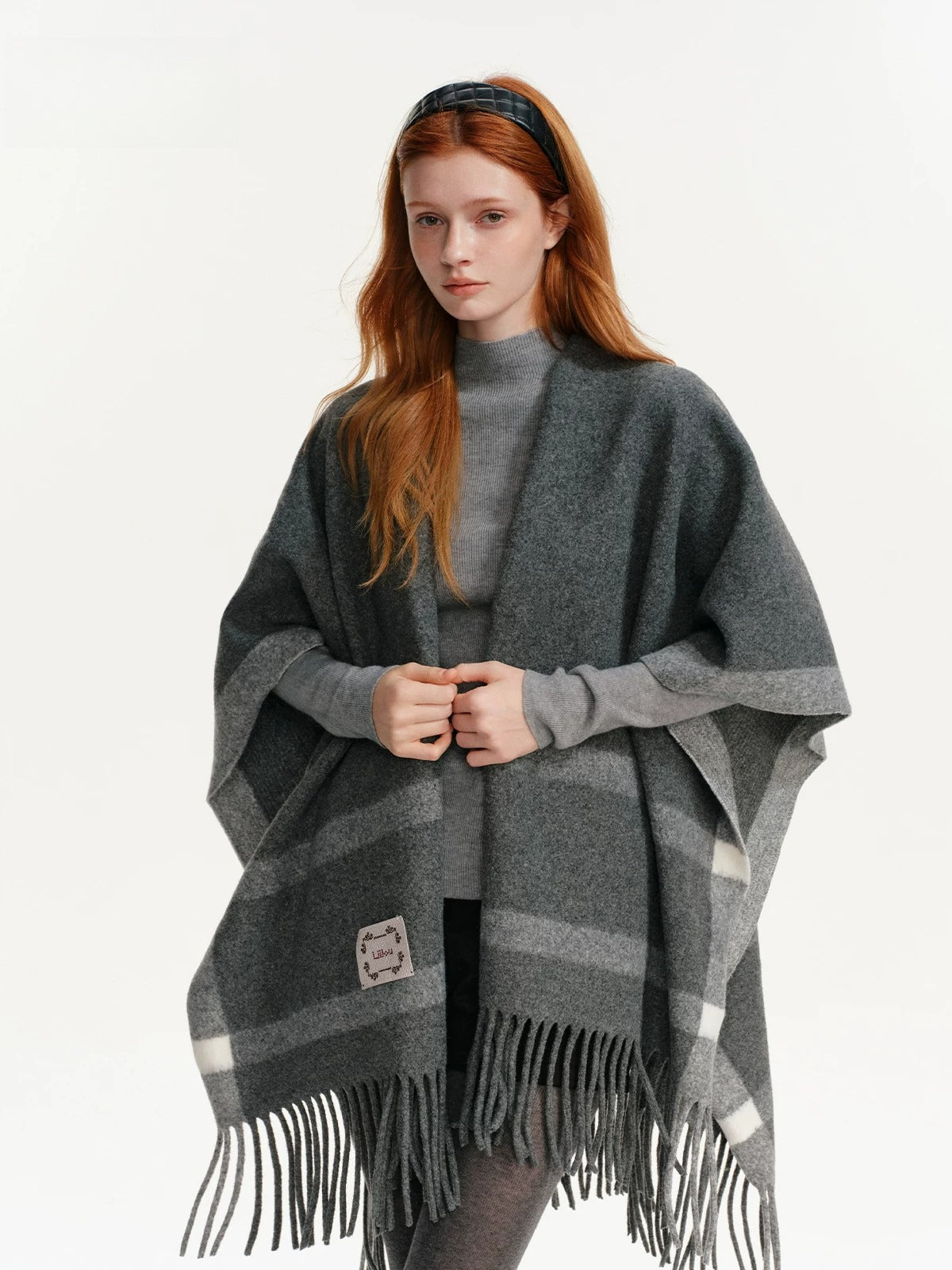 Contrast Plaid Fringed Knit Shawl