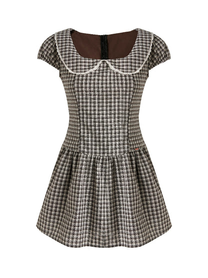 Plaid Pan Collar Puff-Sleeve Dress