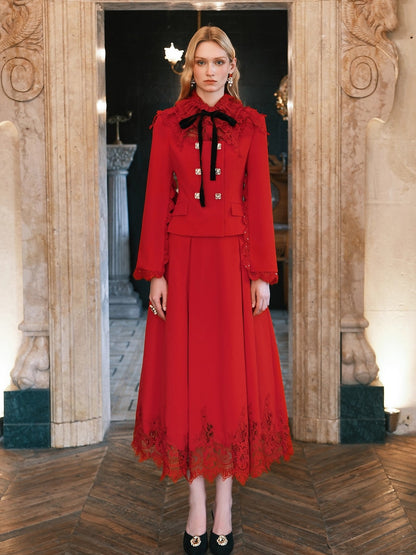 Mirage Vintage Lace-Collar Blazer &amp; Flared Skirt Set