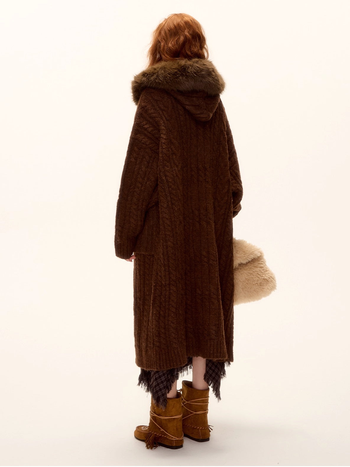 Detachable Fur Collar Cable-Knit Long Cardigan