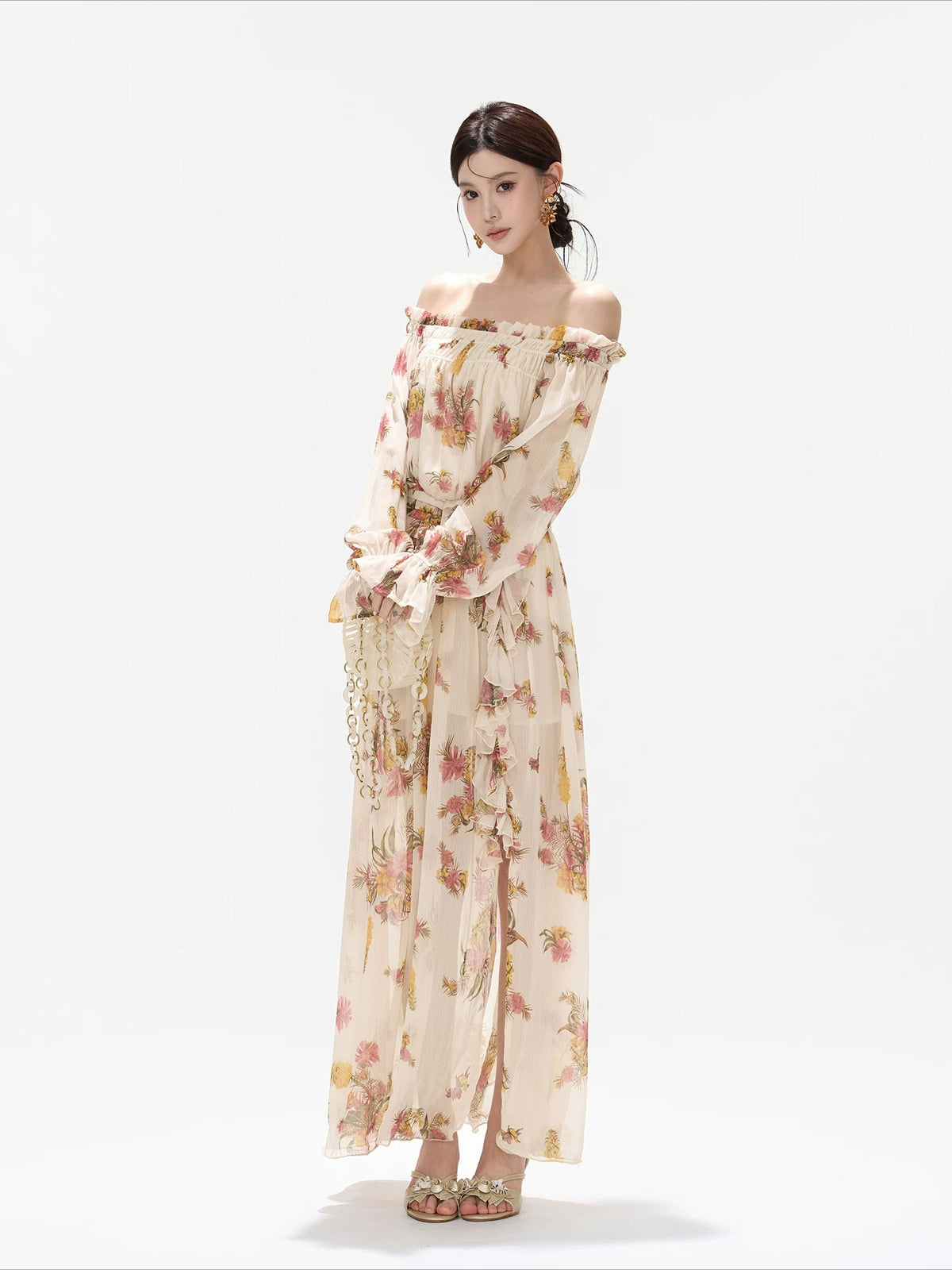 Floral Print Off Shoulder Chiffon Dress